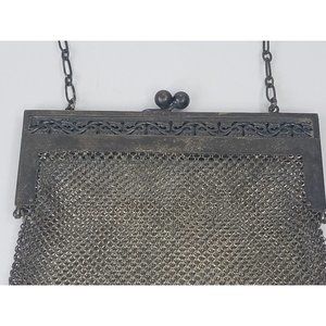 Antique J.T. Inman & Co. Ger Silver Mesh Chain Purse Floral Frame Kiss Tassels